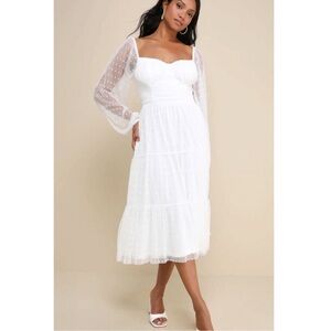 Lulus Affectionate Aura White Swiss Dot Tiered Bustier Midi Dress - XXL